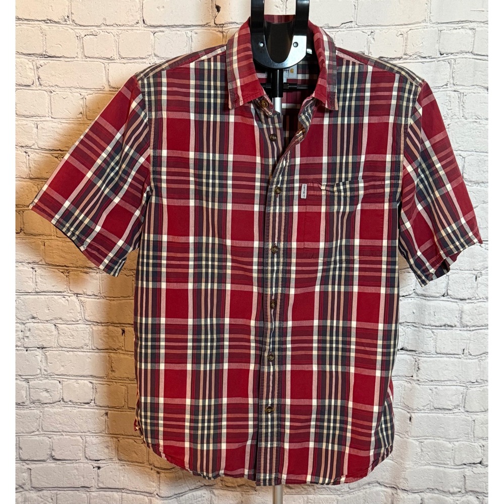 Carhartt Mens Relaxed Fit Plaid Short Sleeve Button Down Shirt Red Navy Medium
